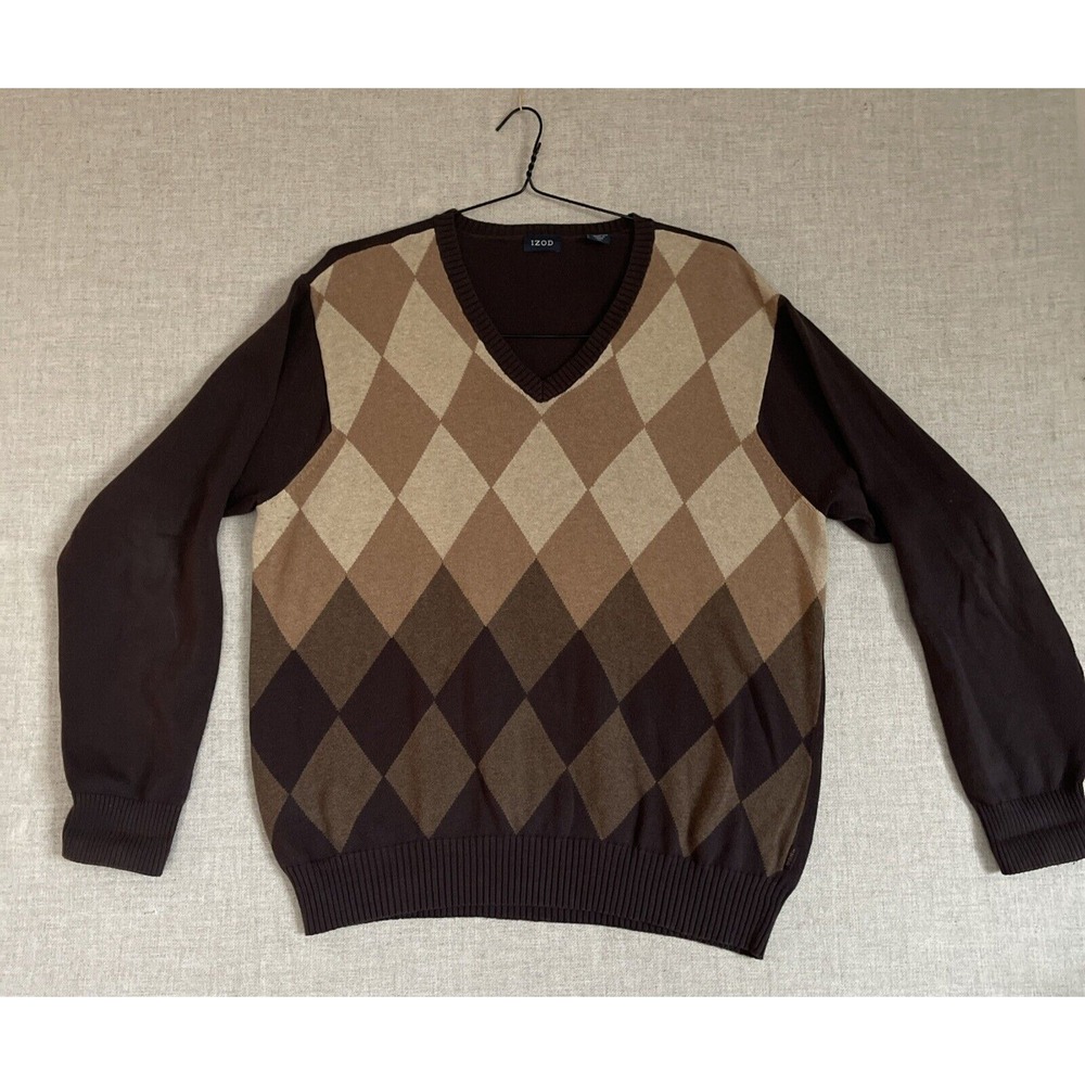 IZOD VTG 90s Men XL Dad Grandpa Brown Argyle Retro‎ V Neck Sweater 100% Cotton